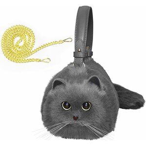 Realistic Puffy Plush Cat Crossbody Bag Women Cute Soft Faux Fur Zipper